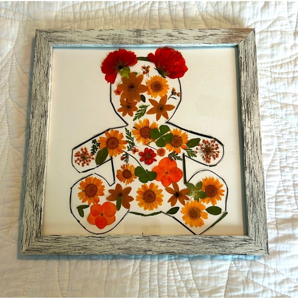 Handmade Floral Teddy Bear Framed Art